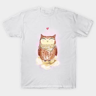 Watercolor cute owl and beautiful peonies. T-Shirt